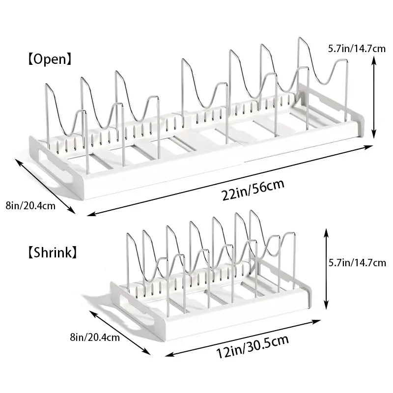 🏡12–22″ Stainless Steel Adjustable Expandable Pot and Pan Organizer Rack - Slide Design, Multifunctional Lid Storage