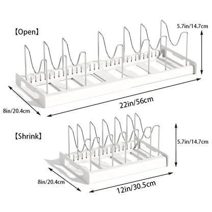 🏡12–22″ Stainless Steel Adjustable Expandable Pot and Pan Organizer Rack - Slide Design, Multifunctional Lid Storage