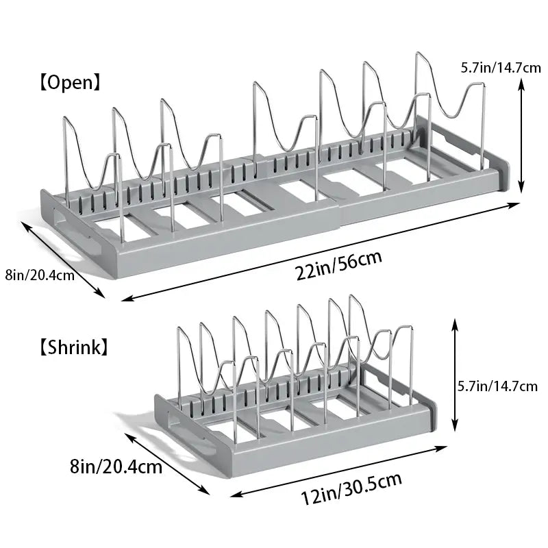 🏡12–22″ Stainless Steel Adjustable Expandable Pot and Pan Organizer Rack - Slide Design, Multifunctional Lid Storage