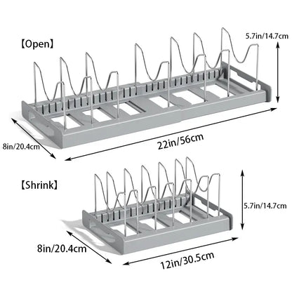 🏡12–22″ Stainless Steel Adjustable Expandable Pot and Pan Organizer Rack - Slide Design, Multifunctional Lid Storage