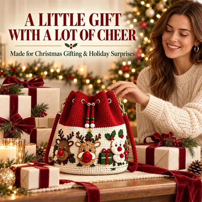 🎄 3D Crochet Christmas Bucket Bag ✨ Festive Crossbody Purse with Detachable Strap
