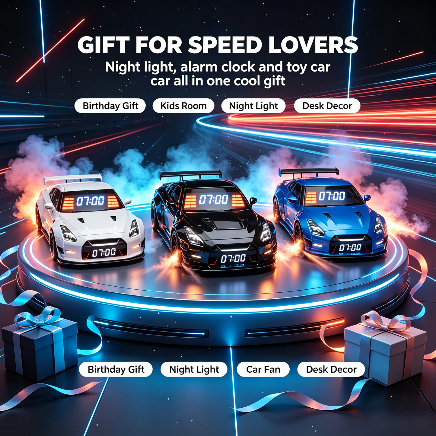 🏎️Hypercar Alarm Clock⏰GTR Sport Car Model Clock with Realistic Exhaust Flame, Smoke & LED Light Effects🔥