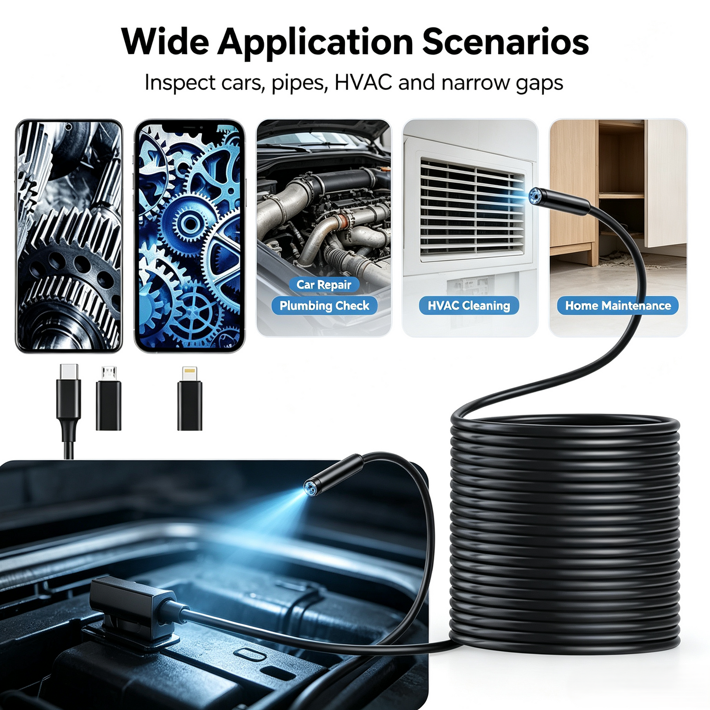 16.4ft HD Endoscope Camera for iPhone & Android, Multi‑Interface Industrial Endoscope for Car, Pipe, HVAC Repair
