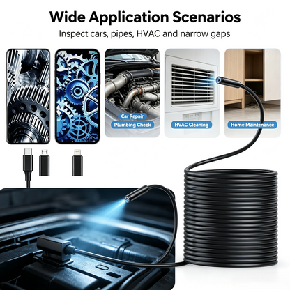 16.4ft HD Endoscope Camera for iPhone & Android, Multi‑Interface Industrial Endoscope for Car, Pipe, HVAC Repair