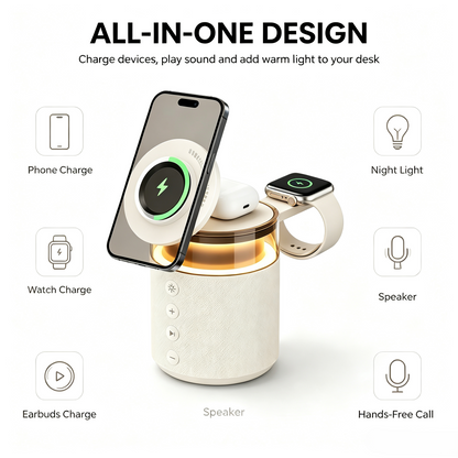 3-in-1 Magnetic Wireless Charging Speaker, Bluetooth Speaker, 15W iPhone Charger, Warm Night Light & Device Stand