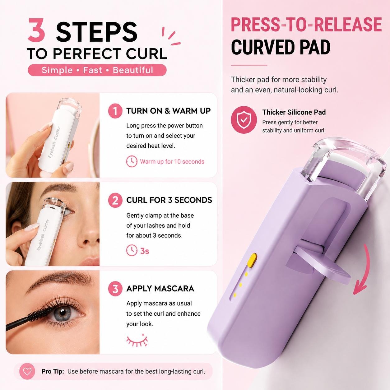 🏆75K+ SOLD!🔥 Heated Eyelash Curler – USB Rechargeable Electric Lash Lift Tool