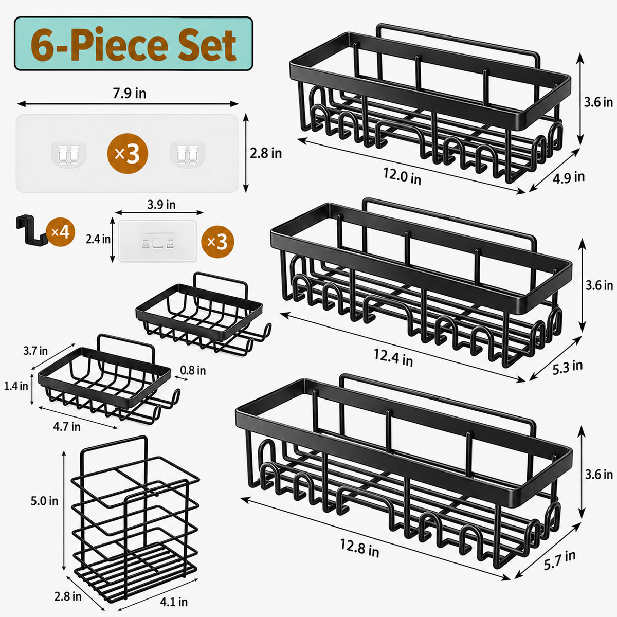 🔥Limited-Time 49% OFF 🗄️ 3/6-Piece Rustproof Shower Caddy Set | Drill-Free Wall Storage