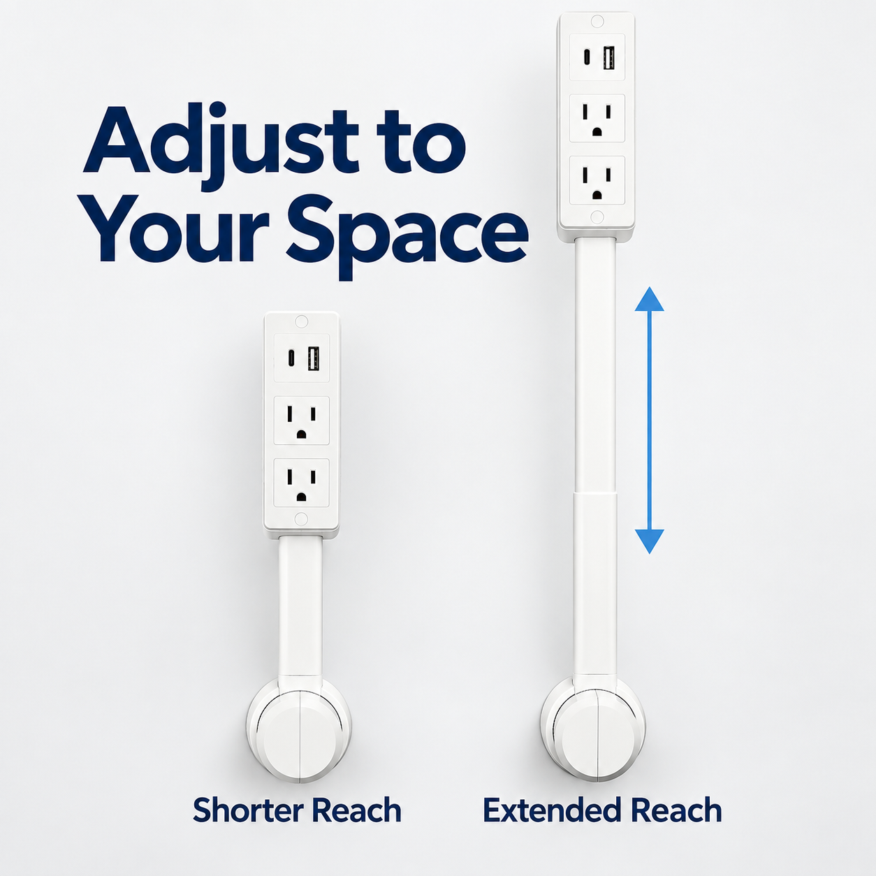 Retracted and extended positions of the adjustable outlet extender