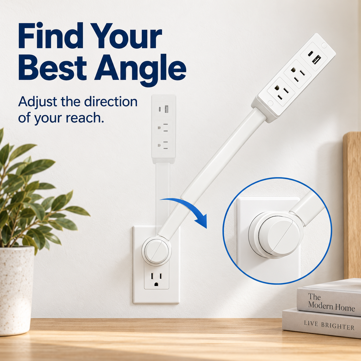 Rotating outlet extender base allowing different positioning angles