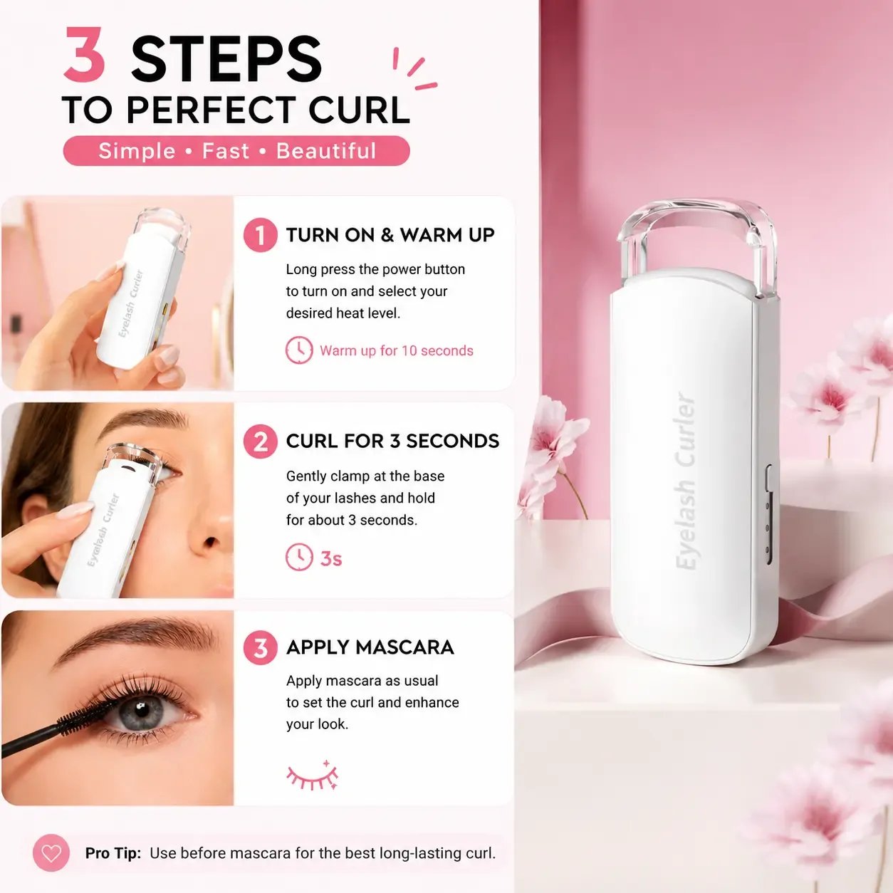 🏆75K+ SOLD!🔥 Heated Eyelash Curler – USB Rechargeable Electric Lash Lift Tool