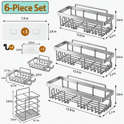 🔥Limited-Time 49% OFF 🗄️ 3/6-Piece Rustproof Shower Caddy Set | Drill-Free Wall Storage