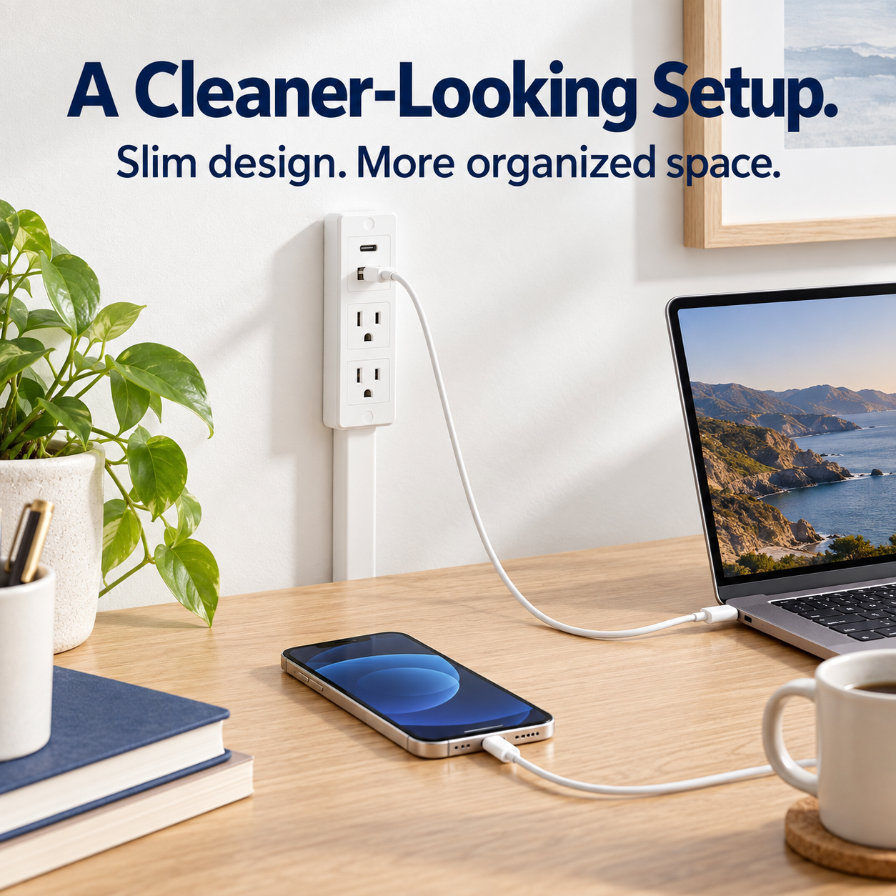 Outlet extender creating a cleaner home office charging setup