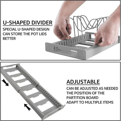 🏡12–22″ Stainless Steel Adjustable Expandable Pot and Pan Organizer Rack - Slide Design, Multifunctional Lid Storage