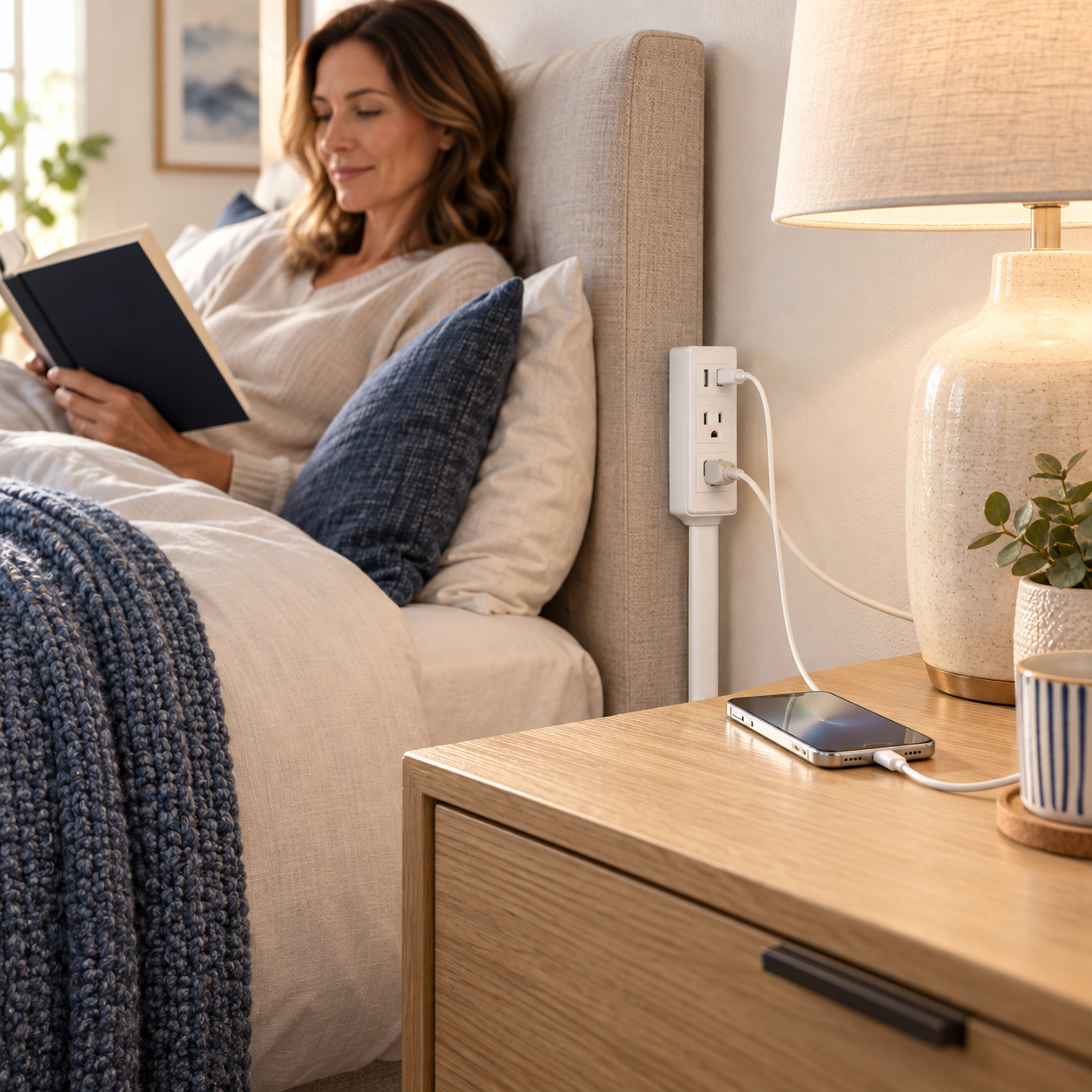 Outlet extender positioned beside a bed for easier charging access