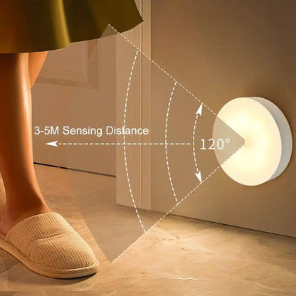 Motion sensor night light diagram showing a 120-degree detection angle and 3-5 meter sensing range as a person walks past.