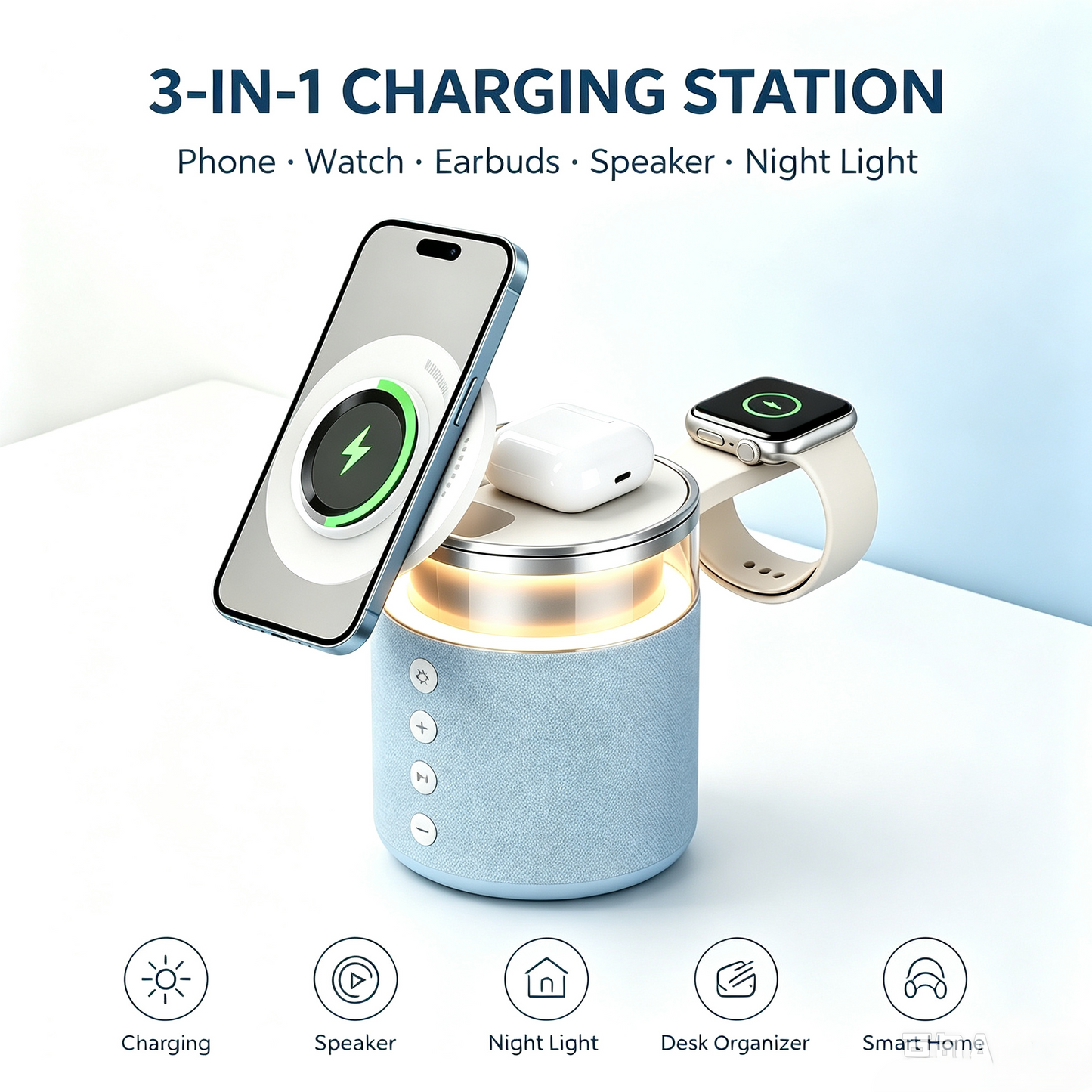 3-in-1 Magnetic Wireless Charging Speaker, Bluetooth Speaker, 15W iPhone Charger, Warm Night Light & Device Stand