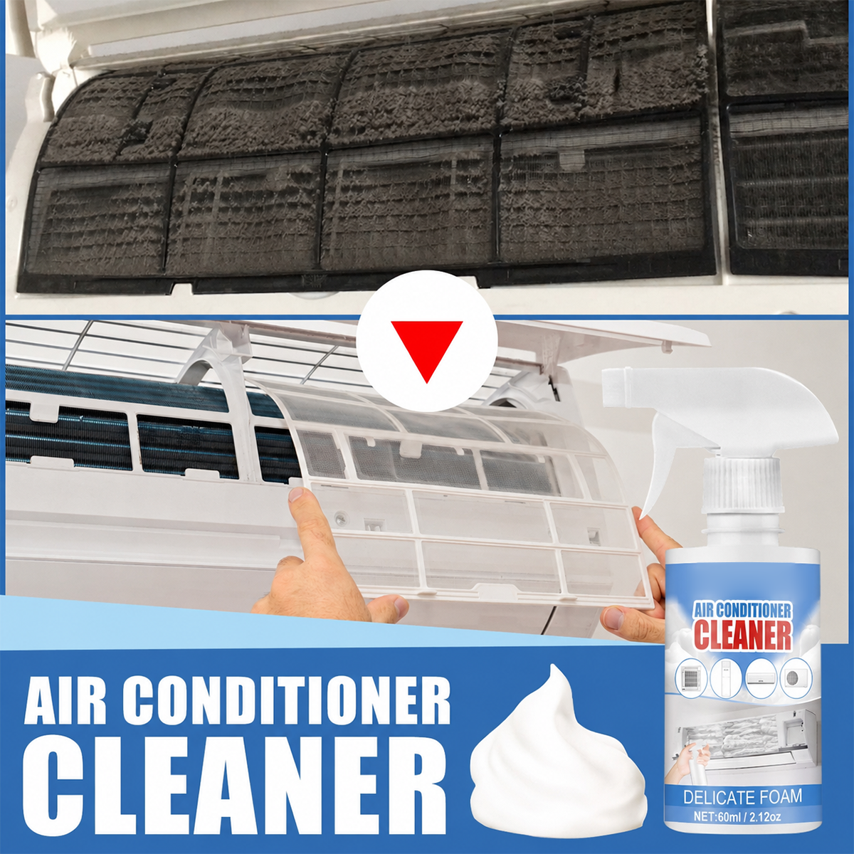 Air Conditioner Cleaner Foam Spray – 60ml AC Coil, Radiator, Fan Blade & Vent Deep Cleaning Deodorizer