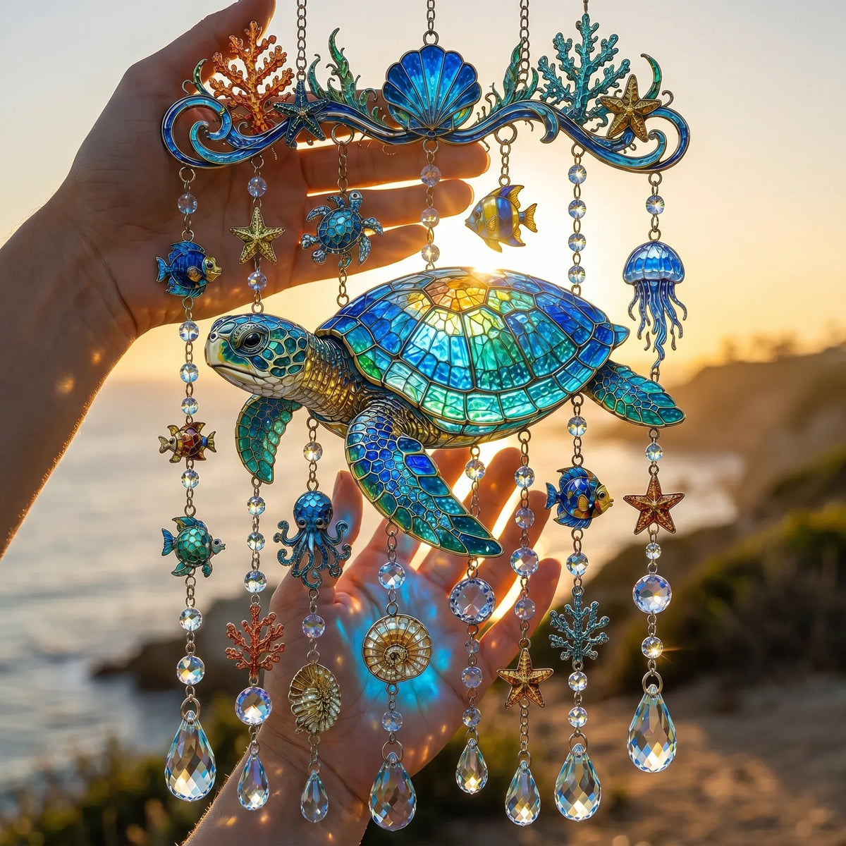 🐋🐢🐬Ocean-Themed Crystal Wind Chime – 🌊Bring the Ocean Glow to Your Garden