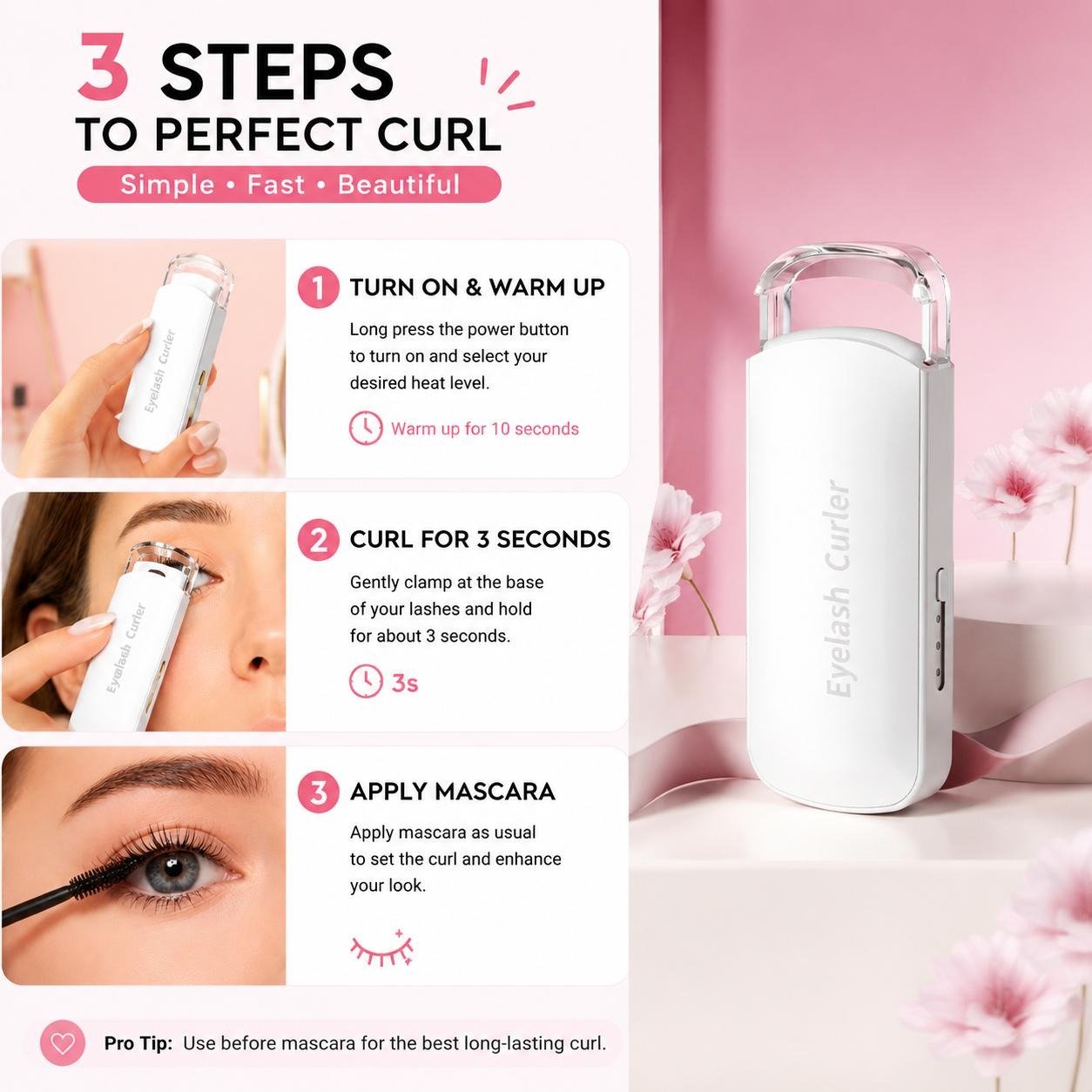 🏆75K+ SOLD!🔥 Heated Eyelash Curler – USB Rechargeable Electric Lash Lift Tool