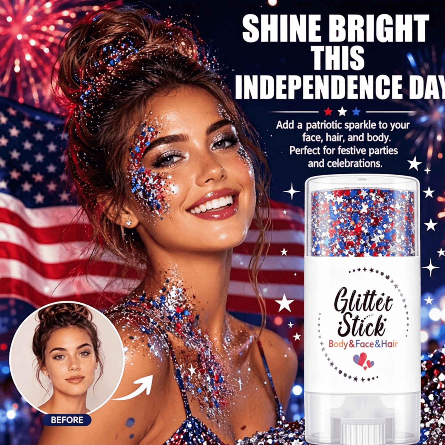 3-in-1 Patriotic Glow😍✨Red, White & Blue Glitter Body Stick