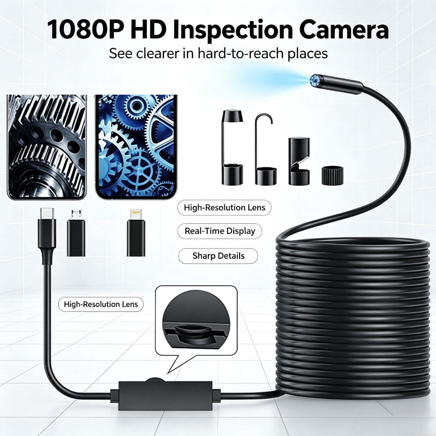 16.4ft HD Endoscope Camera for iPhone & Android, Multi‑Interface Industrial Endoscope for Car, Pipe, HVAC Repair