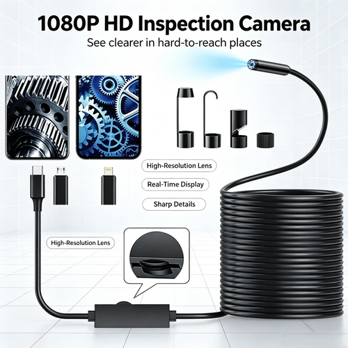 16.4ft HD Endoscope Camera for iPhone & Android, Multi‑Interface Industrial Endoscope for Car, Pipe, HVAC Repair