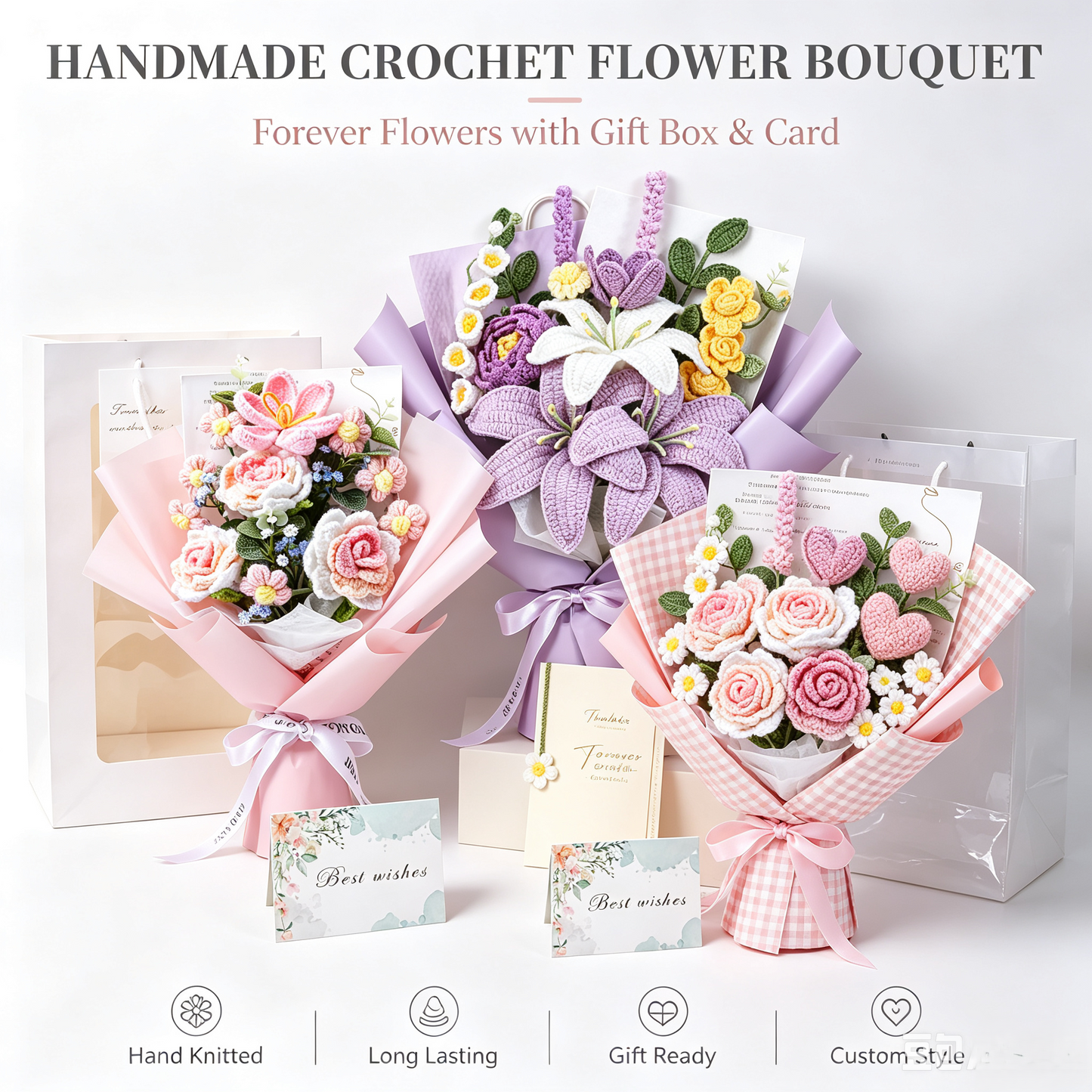 🌸✨Handmade Crochet Artificial Flower Bouquet, Long Lasting Yarn Floral Arrangement💐