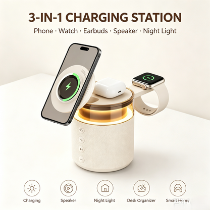 3-in-1 Magnetic Wireless Charging Speaker, Bluetooth Speaker, 15W iPhone Charger, Warm Night Light & Device Stand