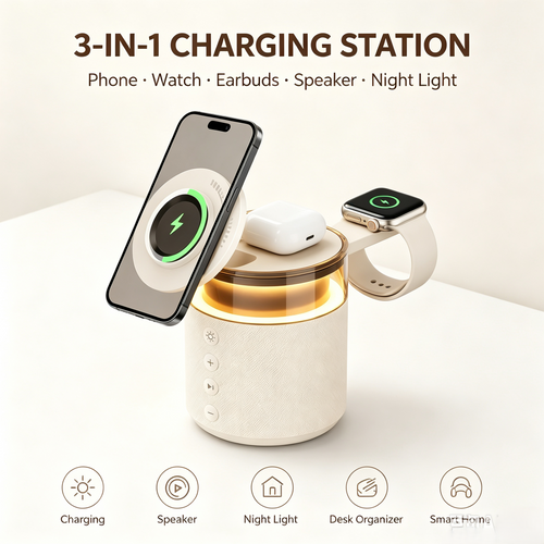 3-in-1 Magnetic Wireless Charging Speaker, Bluetooth Speaker, 15W iPhone Charger, Warm Night Light & Device Stand