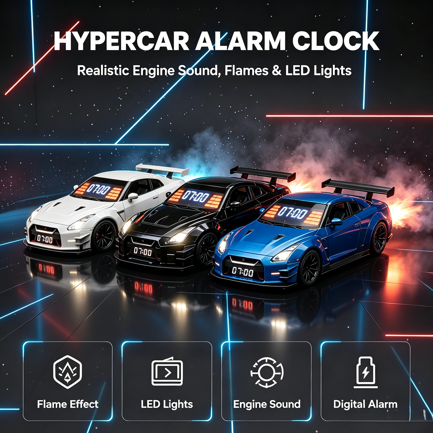 🏎️Hypercar Alarm Clock⏰GTR Sport Car Model Clock with Realistic Exhaust Flame, Smoke & LED Light Effects🔥