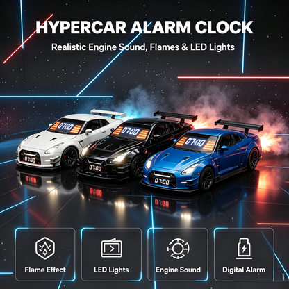 🏎️Hypercar Alarm Clock⏰GTR Sport Car Model Clock with Realistic Exhaust Flame, Smoke & LED Light Effects🔥