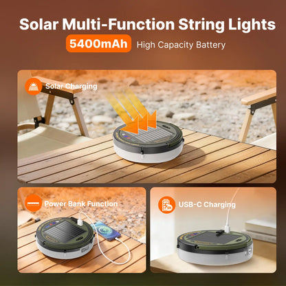 2-in-1 Retractable Solar Camping String Lights | 49Ft Waterproof Lantern