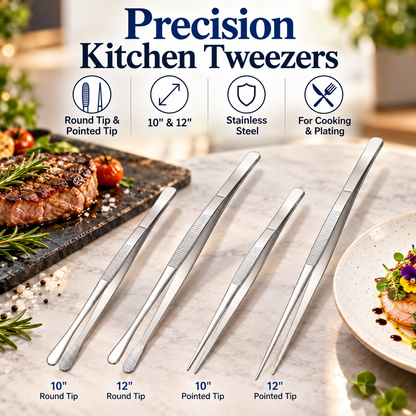 🍴 Stainless Steel Cooking Tweezers | 10" & 12" Precision Kitchen Tongs