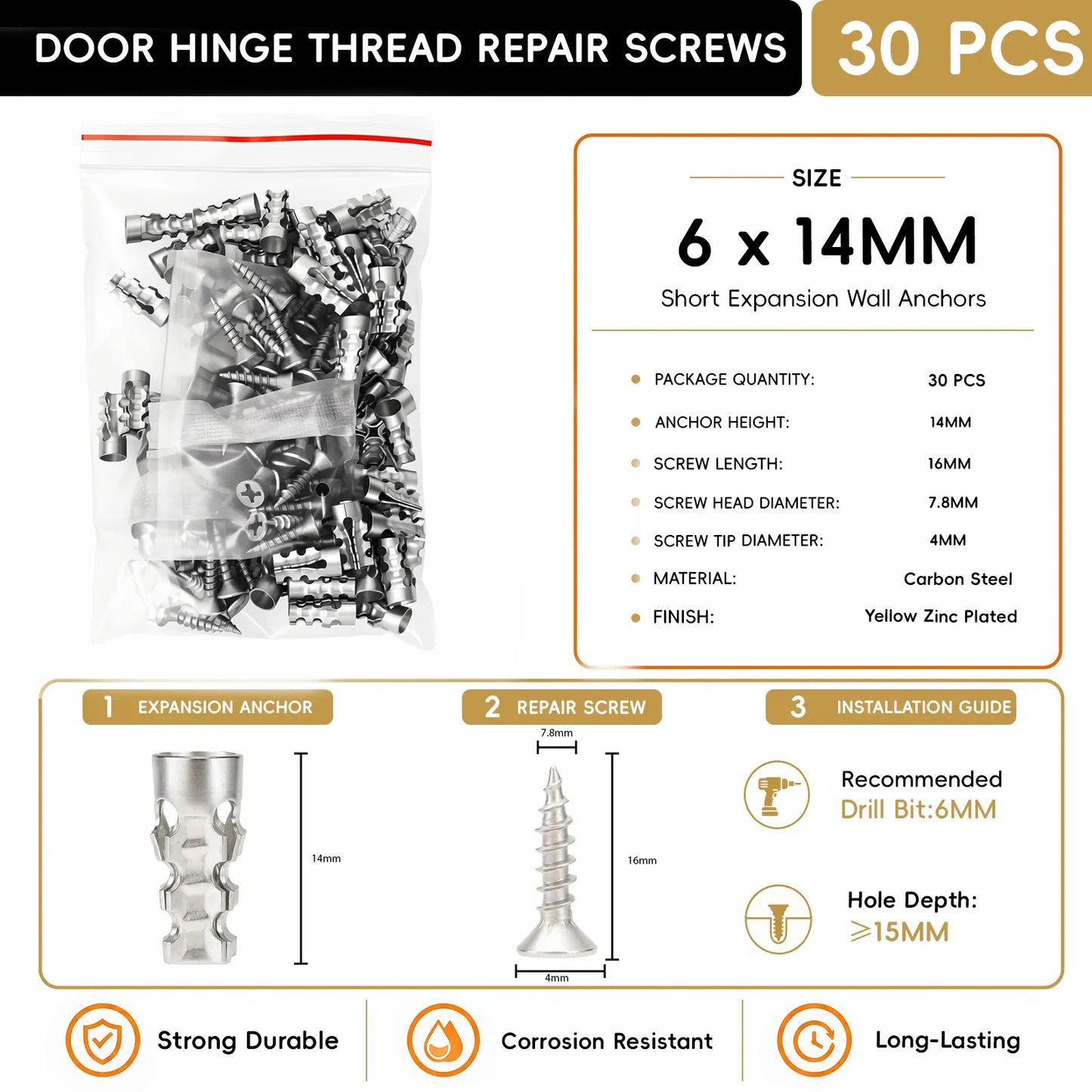 🔥Limited Time 49% OFF⚡🔩6×14mm Hinge Thread Repair Screws | Stripped Hole Expansion Anchors
