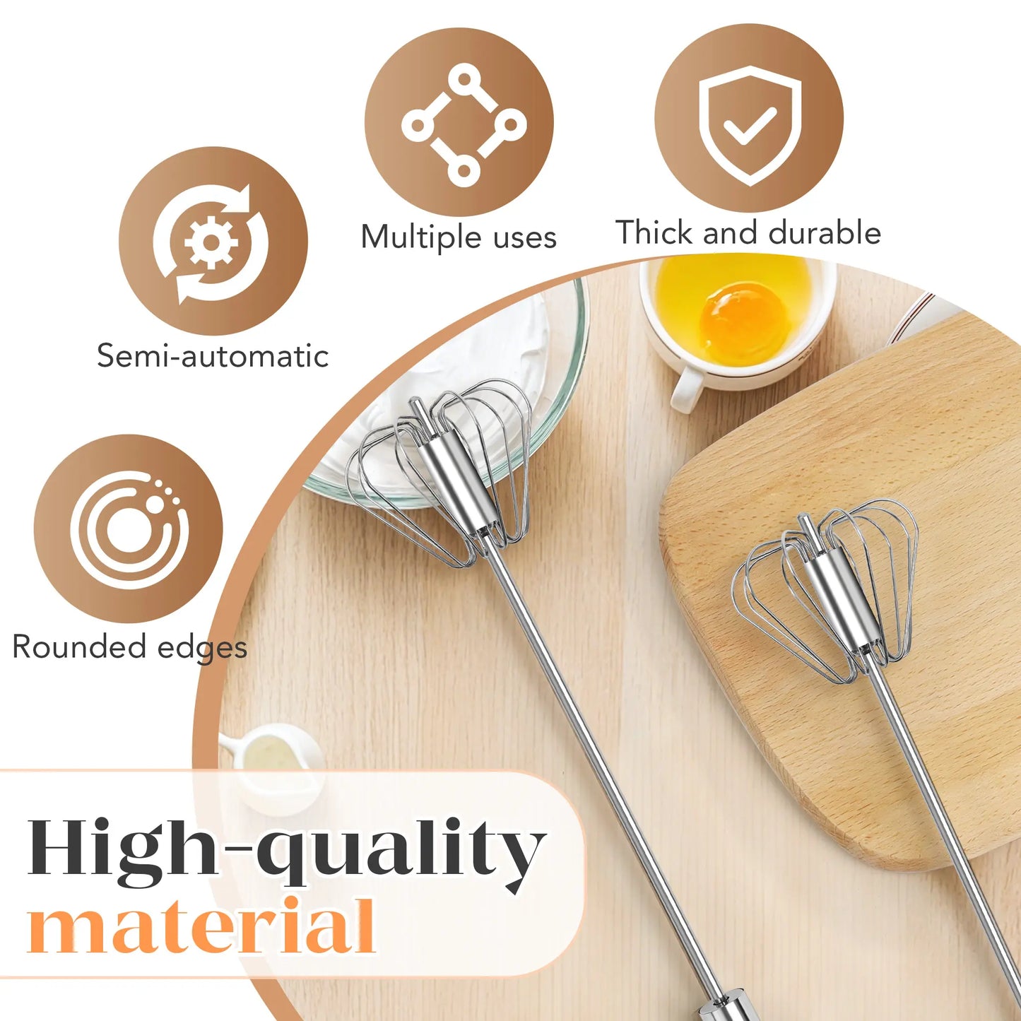 🥚☕Stainless Steel Hand-Push Rotary Whisk, Food-Grade Rust-Resistant Kitchen Utensil with Sturdy Riveted Construction.