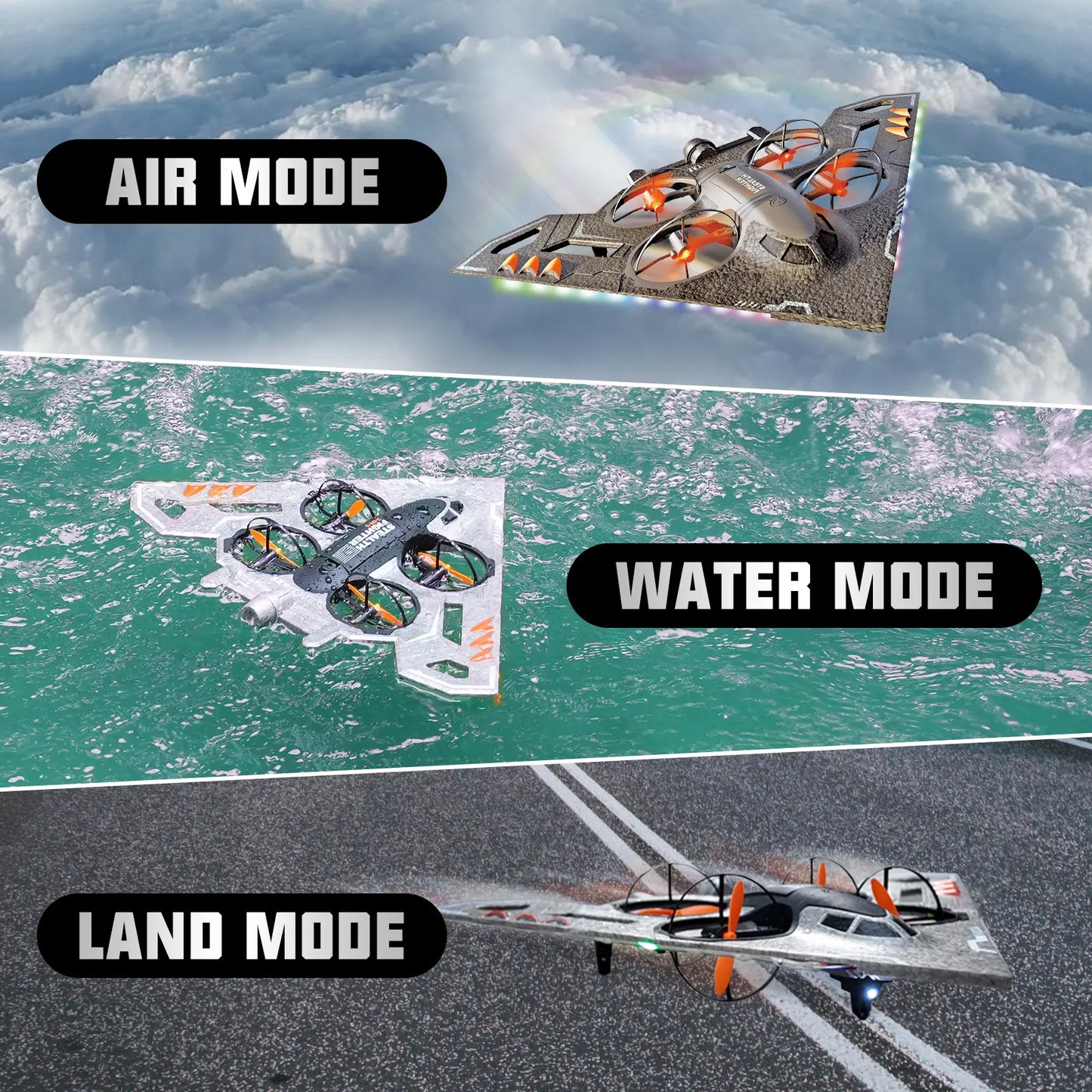 3-in-1 RC Jet Plane Remote Control Airplane Air Land Water With 2.4 GHz Control&LED Lights