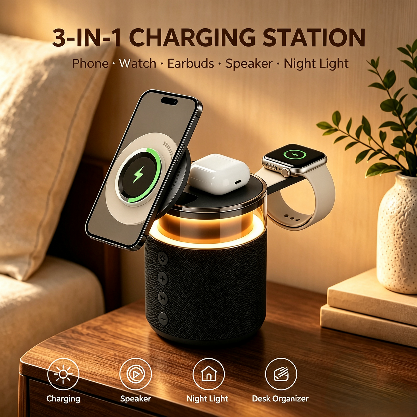 3-in-1 Magnetic Wireless Charging Speaker, Bluetooth Speaker, 15W iPhone Charger, Warm Night Light & Device Stand
