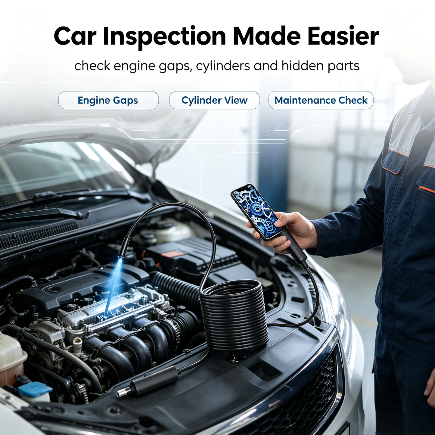16.4ft HD Endoscope Camera for iPhone & Android, Multi‑Interface Industrial Endoscope for Car, Pipe, HVAC Repair