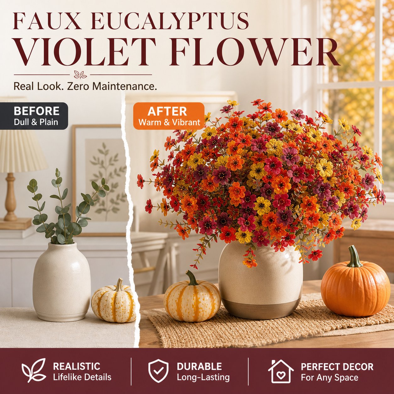 🍂🧡Artificial Autumn Violet Flower Bouquet – Weatherproof Faux Fall Floral Stems for Porch & Home