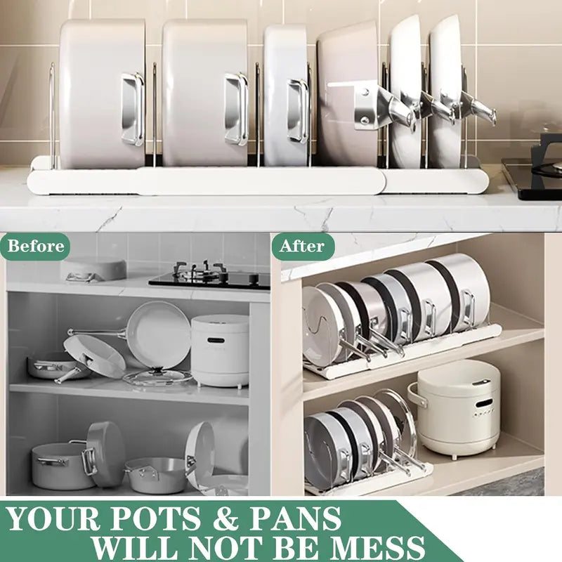 🏡12–22″ Stainless Steel Adjustable Expandable Pot and Pan Organizer Rack - Slide Design, Multifunctional Lid Storage