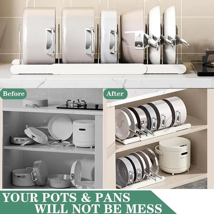 🏡12–22″ Stainless Steel Adjustable Expandable Pot and Pan Organizer Rack - Slide Design, Multifunctional Lid Storage