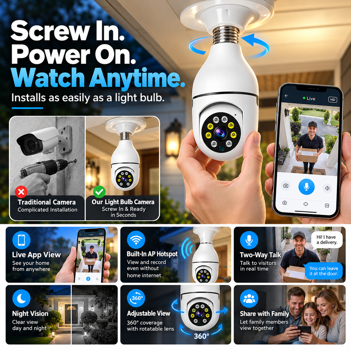🔥 Limited-Time 50% OFF | Light Bulb Security Camera – Easy Screw-In Installation, 360° Pan & Tilt, Night Vision, Motion Alerts & Two-Way Audio