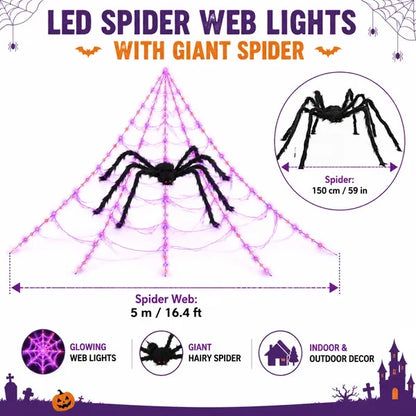 👻Halloween LED Spider Web Lights & Giant Black Spider Decor | 250 LEDs, 8 Modes, Remote Control✨