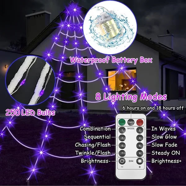 👻Halloween LED Spider Web Lights & Giant Black Spider Decor | 250 LEDs, 8 Modes, Remote Control✨