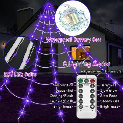 👻Halloween LED Spider Web Lights & Giant Black Spider Decor | 250 LEDs, 8 Modes, Remote Control✨