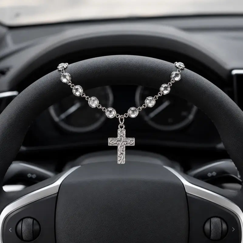 ✝️ Crystal Cross Car Charm ✨ Faith-Inspired Steering Wheel Decor