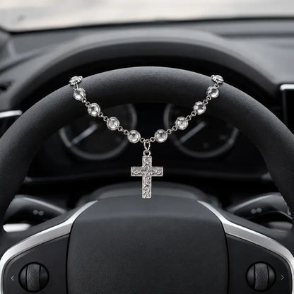 ✝️ Crystal Cross Car Charm ✨ Faith-Inspired Steering Wheel Decor
