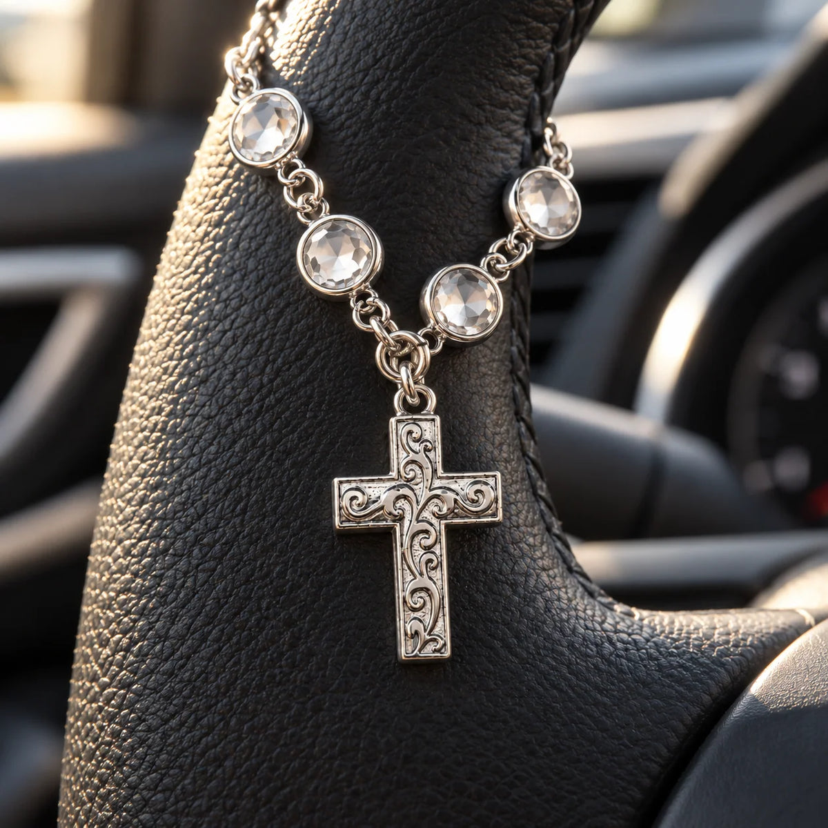 ✝️ Crystal Cross Car Charm ✨ Faith-Inspired Steering Wheel Decor