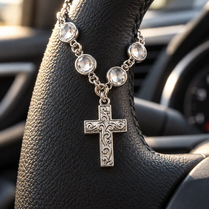 ✝️ Crystal Cross Car Charm ✨ Faith-Inspired Steering Wheel Decor