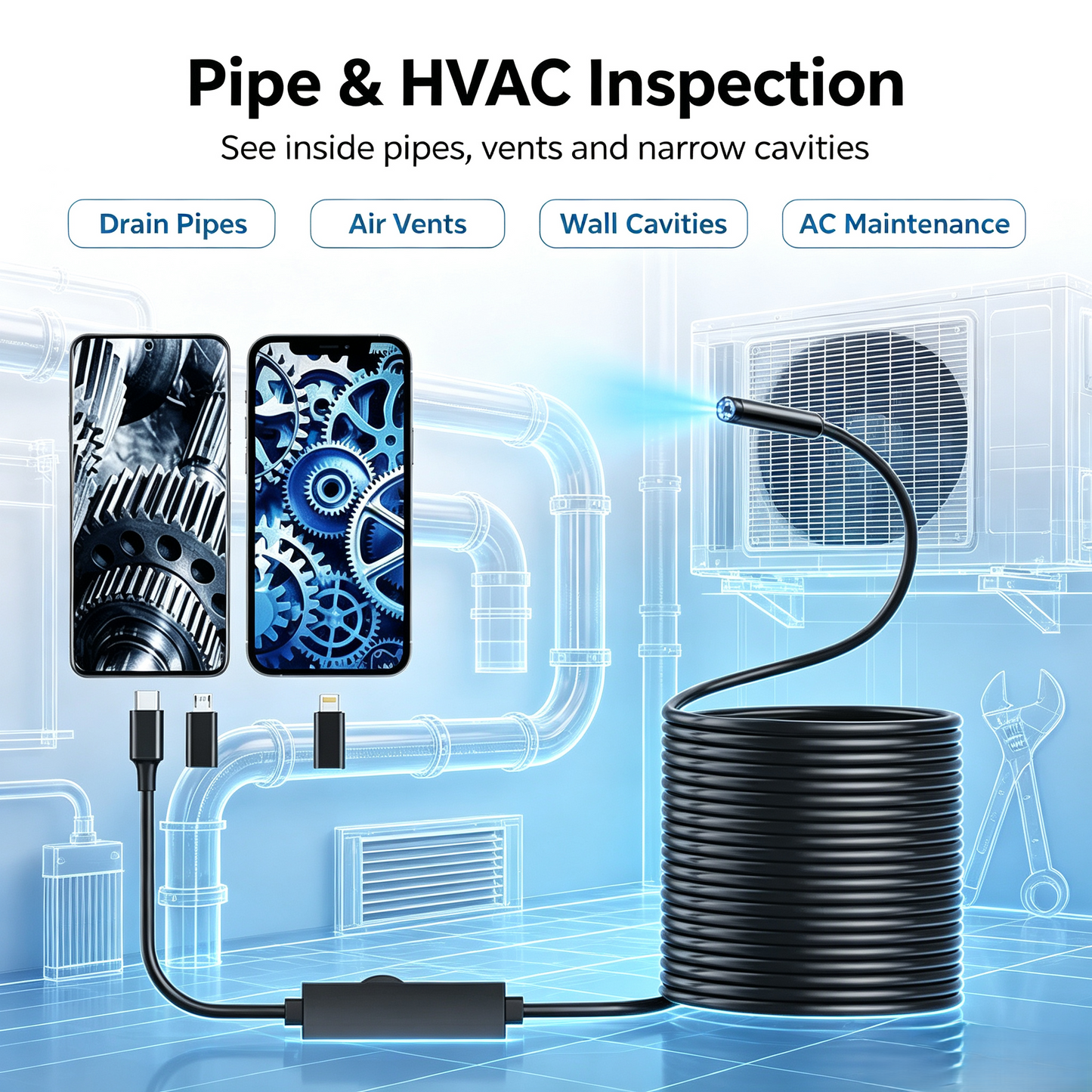 16.4ft HD Endoscope Camera for iPhone & Android, Multi‑Interface Industrial Endoscope for Car, Pipe, HVAC Repair